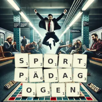 Kreative Illustration für ein Scrabble-Spiel, bei dem das Wort SPORTPÄDAGOGEN mit Steinen auf dem Brett gelegt wurde.