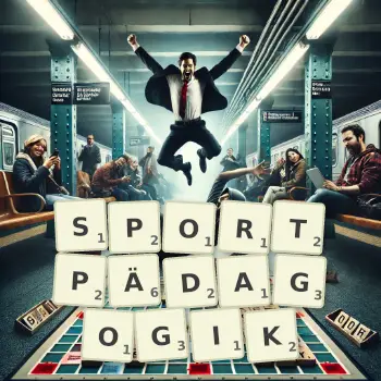 Kreative Illustration für ein Scrabble-Spiel, bei dem das Wort SPORTPÄDAGOGIK mit Steinen auf dem Brett gelegt wurde.