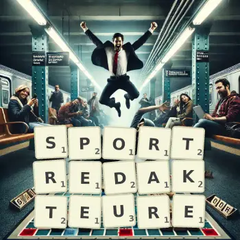 Kreative Illustration für ein Scrabble-Spiel, bei dem das Wort SPORTREDAKTEURE mit Steinen auf dem Brett gelegt wurde.