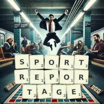 Kreative Illustration für ein Scrabble-Spiel, bei dem das Wort SPORTREPORTAGE mit Steinen auf dem Brett gelegt wurde.