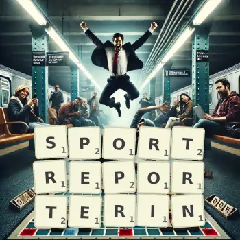 Kreative Illustration für ein Scrabble-Spiel, bei dem das Wort SPORTREPORTERIN mit Steinen auf dem Brett gelegt wurde.