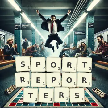 Kreative Illustration für ein Scrabble-Spiel, bei dem das Wort SPORTREPORTERS mit Steinen auf dem Brett gelegt wurde.