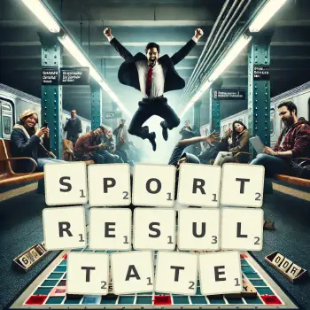 Kreative Illustration für ein Scrabble-Spiel, bei dem das Wort SPORTRESULTATE mit Steinen auf dem Brett gelegt wurde.