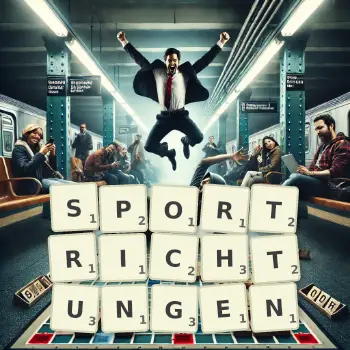 Kreative Illustration für ein Scrabble-Spiel, bei dem das Wort SPORTRICHTUNGEN mit Steinen auf dem Brett gelegt wurde.