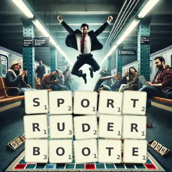 Kreative Illustration für ein Scrabble-Spiel, bei dem das Wort SPORTRUDERBOOTE mit Steinen auf dem Brett gelegt wurde.