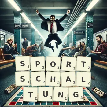 Kreative Illustration für ein Scrabble-Spiel, bei dem das Wort SPORTSCHALTUNG mit Steinen auf dem Brett gelegt wurde.