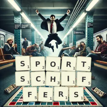 Kreative Illustration für ein Scrabble-Spiel, bei dem das Wort SPORTSCHIFFERS mit Steinen auf dem Brett gelegt wurde.