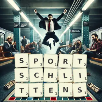 Kreative Illustration für ein Scrabble-Spiel, bei dem das Wort SPORTSCHLITTENS mit Steinen auf dem Brett gelegt wurde.