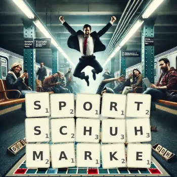 Kreative Illustration für ein Scrabble-Spiel, bei dem das Wort SPORTSCHUHMARKE mit Steinen auf dem Brett gelegt wurde.