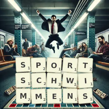 Kreative Illustration für ein Scrabble-Spiel, bei dem das Wort SPORTSCHWIMMENS mit Steinen auf dem Brett gelegt wurde.