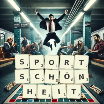 Kreative Illustration für ein Scrabble-Spiel, bei dem das Wort SPORTSCHÖNHEIT mit Steinen auf dem Brett gelegt wurde.