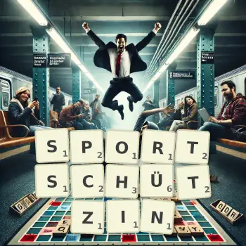 Kreative Illustration für ein Scrabble-Spiel, bei dem das Wort SPORTSCHÜTZIN mit Steinen auf dem Brett gelegt wurde.