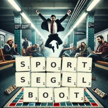 Kreative Illustration für ein Scrabble-Spiel, bei dem das Wort SPORTSEGELBOOT mit Steinen auf dem Brett gelegt wurde.