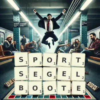 Kreative Illustration für ein Scrabble-Spiel, bei dem das Wort SPORTSEGELBOOTE mit Steinen auf dem Brett gelegt wurde.
