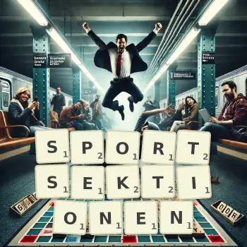 Kreative Illustration für ein Scrabble-Spiel, bei dem das Wort SPORTSEKTIONEN mit Steinen auf dem Brett gelegt wurde.