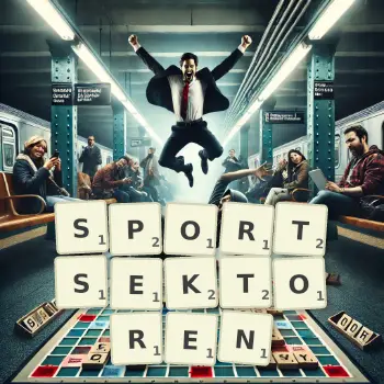 Kreative Illustration für ein Scrabble-Spiel, bei dem das Wort SPORTSEKTOREN mit Steinen auf dem Brett gelegt wurde.