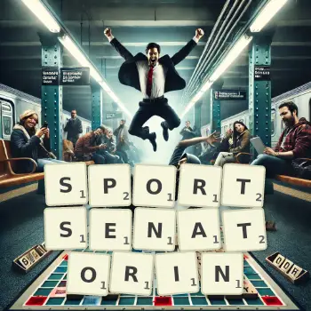 Kreative Illustration für ein Scrabble-Spiel, bei dem das Wort SPORTSENATORIN mit Steinen auf dem Brett gelegt wurde.