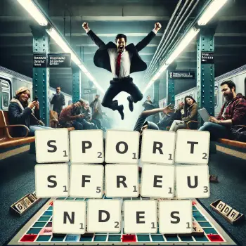 Kreative Illustration für ein Scrabble-Spiel, bei dem das Wort SPORTSFREUNDES mit Steinen auf dem Brett gelegt wurde.
