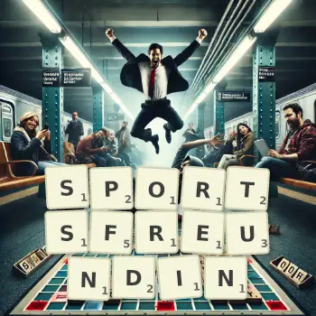 Kreative Illustration für ein Scrabble-Spiel, bei dem das Wort SPORTSFREUNDIN mit Steinen auf dem Brett gelegt wurde.