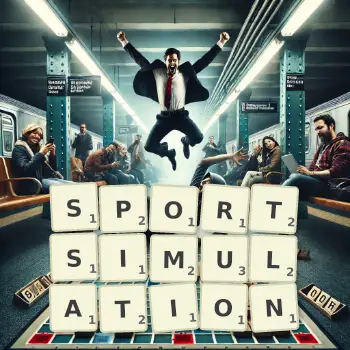 Kreative Illustration für ein Scrabble-Spiel, bei dem das Wort SPORTSIMULATION mit Steinen auf dem Brett gelegt wurde.