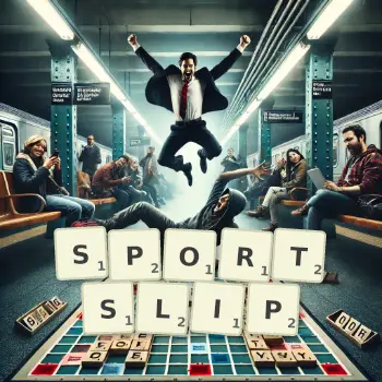 Kreative Illustration für ein Scrabble-Spiel, bei dem das Wort SPORTSLIP mit Steinen auf dem Brett gelegt wurde.