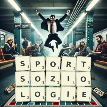 Kreative Illustration für ein Scrabble-Spiel, bei dem das Wort SPORTSOZIOLOGIE mit Steinen auf dem Brett gelegt wurde.