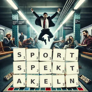 Kreative Illustration für ein Scrabble-Spiel, bei dem das Wort SPORTSPEKTAKELN mit Steinen auf dem Brett gelegt wurde.