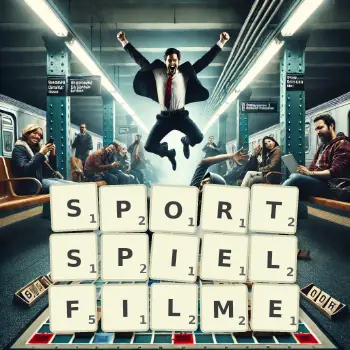 Kreative Illustration für ein Scrabble-Spiel, bei dem das Wort SPORTSPIELFILME mit Steinen auf dem Brett gelegt wurde.