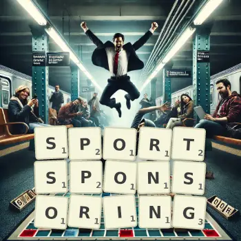 Kreative Illustration für ein Scrabble-Spiel, bei dem das Wort SPORTSPONSORING mit Steinen auf dem Brett gelegt wurde.