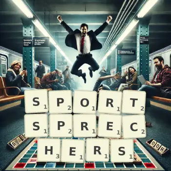 Kreative Illustration für ein Scrabble-Spiel, bei dem das Wort SPORTSPRECHERS mit Steinen auf dem Brett gelegt wurde.