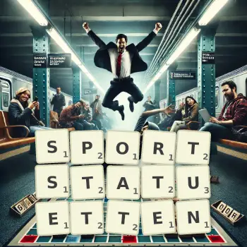 Kreative Illustration für ein Scrabble-Spiel, bei dem das Wort SPORTSTATUETTEN mit Steinen auf dem Brett gelegt wurde.