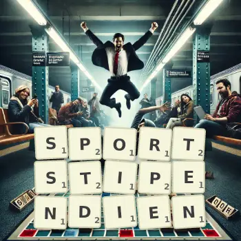 Kreative Illustration für ein Scrabble-Spiel, bei dem das Wort SPORTSTIPENDIEN mit Steinen auf dem Brett gelegt wurde.