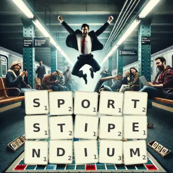 Kreative Illustration für ein Scrabble-Spiel, bei dem das Wort SPORTSTIPENDIUM mit Steinen auf dem Brett gelegt wurde.