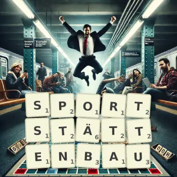 Kreative Illustration für ein Scrabble-Spiel, bei dem das Wort SPORTSTÄTTENBAU mit Steinen auf dem Brett gelegt wurde.