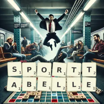 Kreative Illustration für ein Scrabble-Spiel, bei dem das Wort SPORTTABELLE mit Steinen auf dem Brett gelegt wurde.