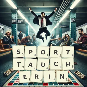 Kreative Illustration für ein Scrabble-Spiel, bei dem das Wort SPORTTAUCHERIN mit Steinen auf dem Brett gelegt wurde.