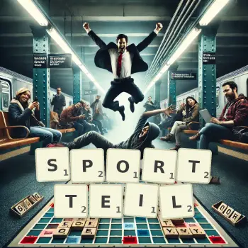 Kreative Illustration für ein Scrabble-Spiel, bei dem das Wort SPORTTEIL mit Steinen auf dem Brett gelegt wurde.