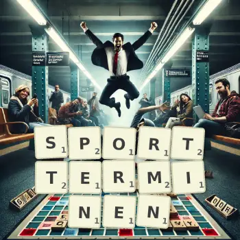 Kreative Illustration für ein Scrabble-Spiel, bei dem das Wort SPORTTERMINEN mit Steinen auf dem Brett gelegt wurde.