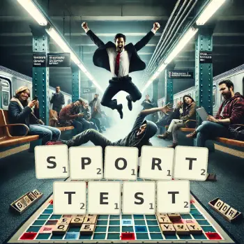 Kreative Illustration für ein Scrabble-Spiel, bei dem das Wort SPORTTEST mit Steinen auf dem Brett gelegt wurde.