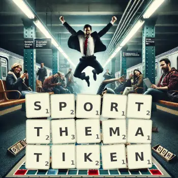 Kreative Illustration für ein Scrabble-Spiel, bei dem das Wort SPORTTHEMATIKEN mit Steinen auf dem Brett gelegt wurde.