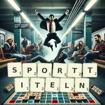 Kreative Illustration für ein Scrabble-Spiel, bei dem das Wort SPORTTITELN mit Steinen auf dem Brett gelegt wurde.