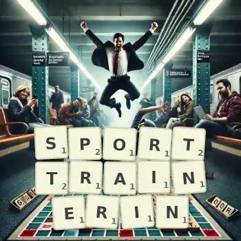 Kreative Illustration für ein Scrabble-Spiel, bei dem das Wort SPORTTRAINERIN mit Steinen auf dem Brett gelegt wurde.