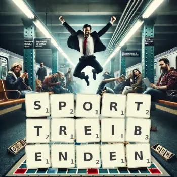 Kreative Illustration für ein Scrabble-Spiel, bei dem das Wort SPORTTREIBENDEN mit Steinen auf dem Brett gelegt wurde.