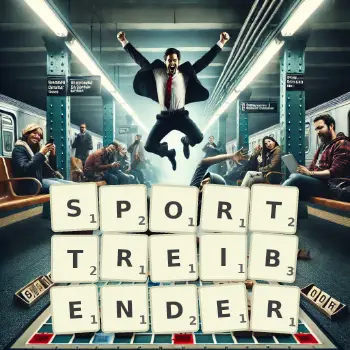 Kreative Illustration für ein Scrabble-Spiel, bei dem das Wort SPORTTREIBENDER mit Steinen auf dem Brett gelegt wurde.