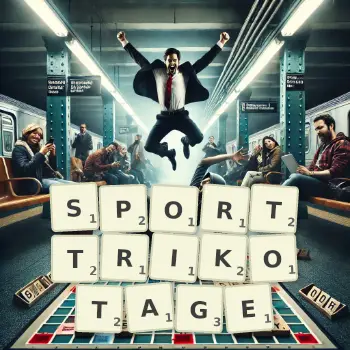 Kreative Illustration für ein Scrabble-Spiel, bei dem das Wort SPORTTRIKOTAGE mit Steinen auf dem Brett gelegt wurde.