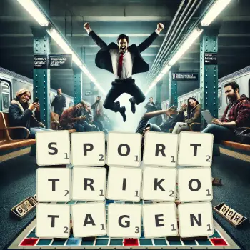 Kreative Illustration für ein Scrabble-Spiel, bei dem das Wort SPORTTRIKOTAGEN mit Steinen auf dem Brett gelegt wurde.