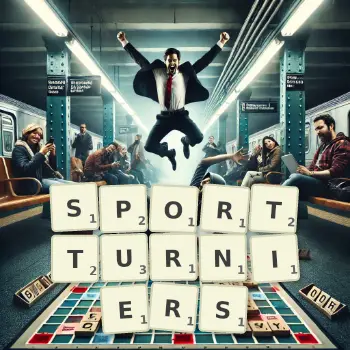 Kreative Illustration für ein Scrabble-Spiel, bei dem das Wort SPORTTURNIERS mit Steinen auf dem Brett gelegt wurde.