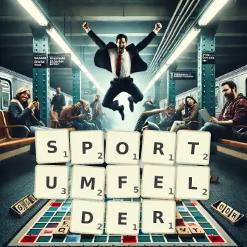 Kreative Illustration für ein Scrabble-Spiel, bei dem das Wort SPORTUMFELDER mit Steinen auf dem Brett gelegt wurde.