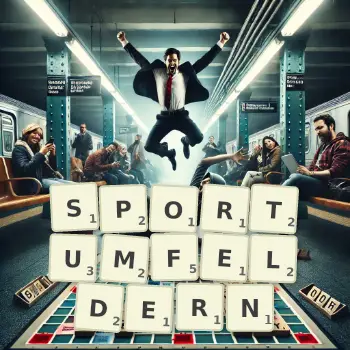 Kreative Illustration für ein Scrabble-Spiel, bei dem das Wort SPORTUMFELDERN mit Steinen auf dem Brett gelegt wurde.