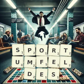 Kreative Illustration für ein Scrabble-Spiel, bei dem das Wort SPORTUMFELDES mit Steinen auf dem Brett gelegt wurde.